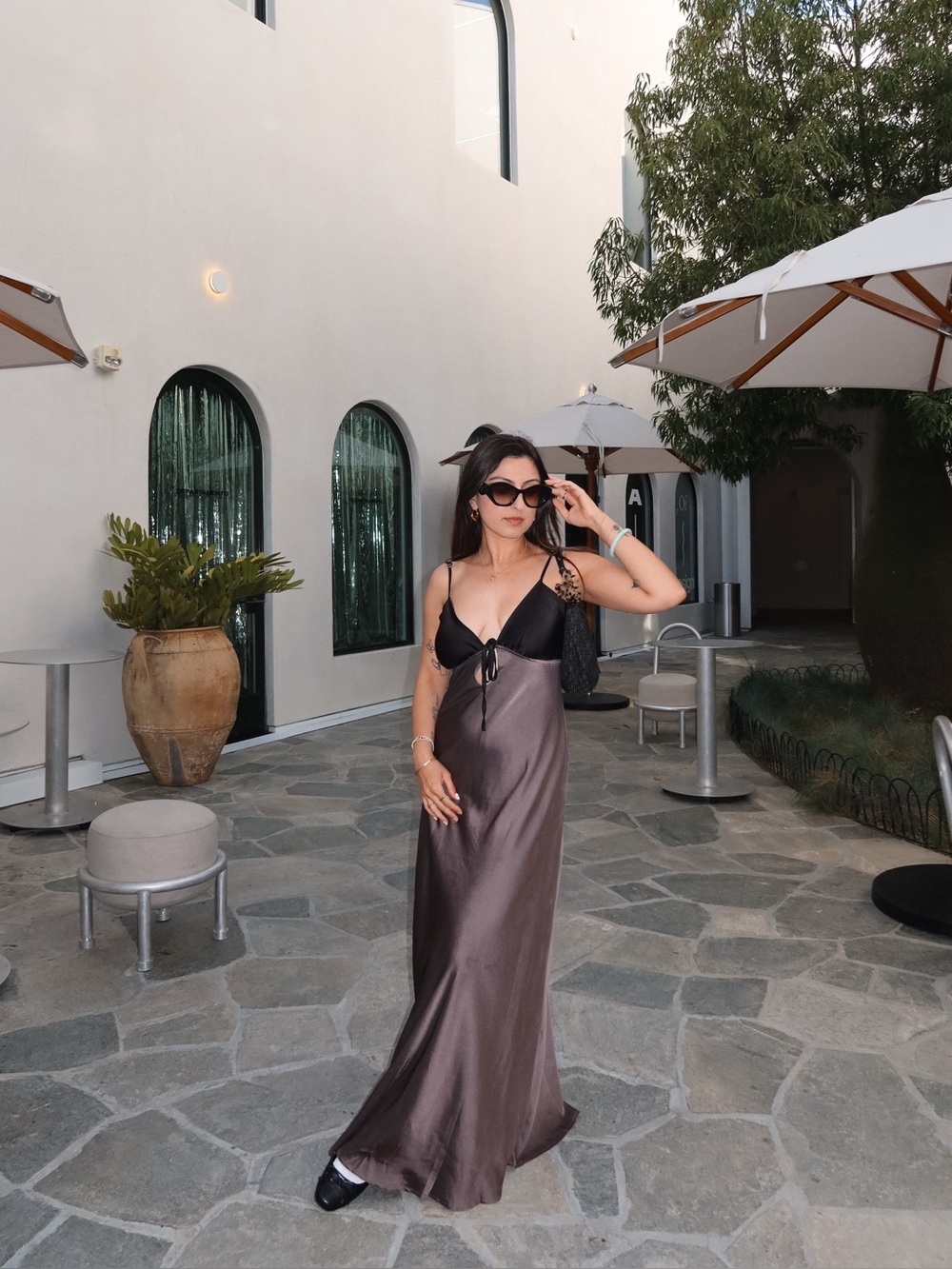 Peppermayo Satin Slip Maxi Dress with Lace Bra Detail - Black & Charcoal